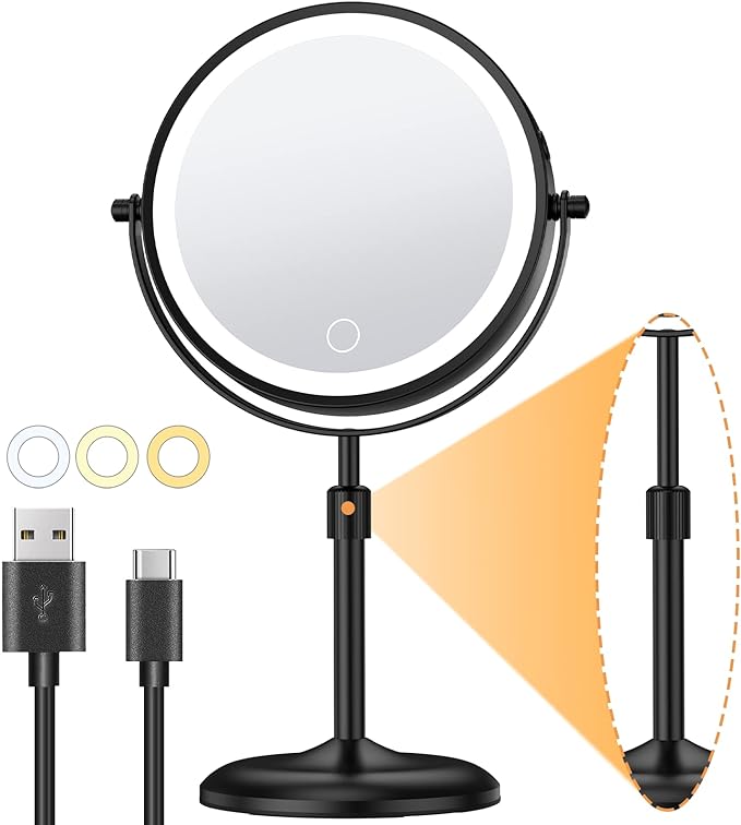 Gospire 7" Lighted Makeup Mirror with Magnification 10X/1X, Height Adjustable & 3 Color Dimmable Lights, 360Β° Swivel Double Sided Light up Rechargeable LED Cosmetic Vanity Cordless Standing