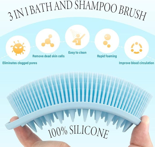 2 in 1 Silicone Body Scrubber Shampoo Brush, Shower Scrubber, Bath Scrubber,Exfoliating Scalp Massager, Loofah Clean Sanitary,Rapid Foaming-3 Pack, Black+blue+pinkοΌnewοΌ, PQRUU54635