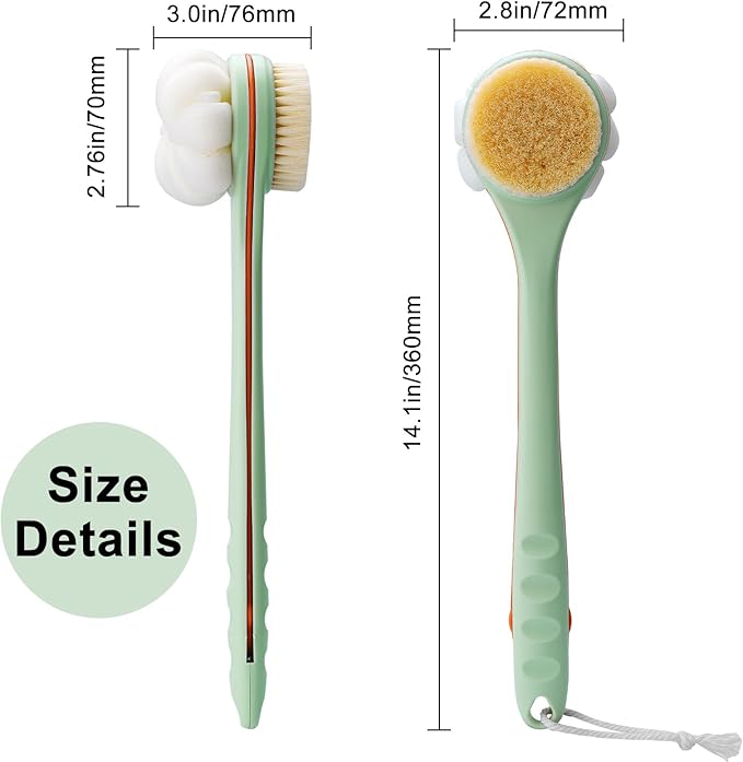 Hotodeal Shower Brush with Bristles and Bath Mesh Sponge,Handheld Cleansing Shower Body Brush,Back Scrubber with Long Handle for Skin Exfoliating Bath,Light Green Orange