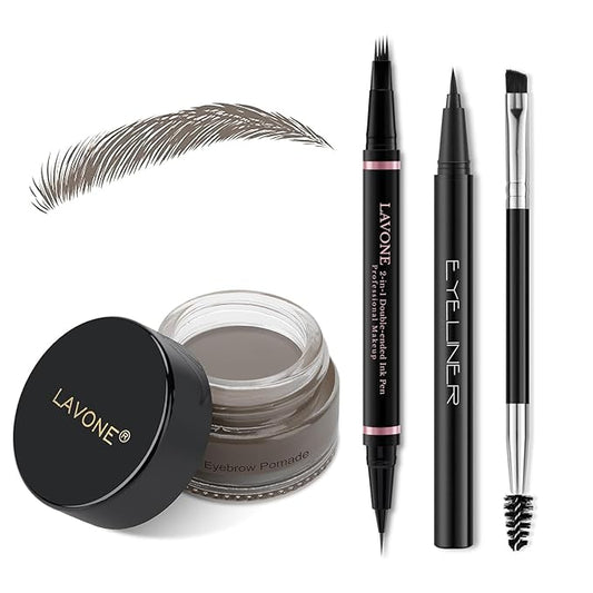 Eyebrow Pencil Makeup Kit, with Waterproof 2-IN-1 Microblading Eyebrow Pen, Eyebrow Pomade, Eyeliner and Dual-ended Eyebrow Brush, Brow Pencil Kit for Natural Eyebrows - Grey