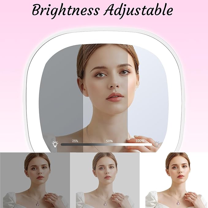 Compact LED Travel Makeup Mirror, Rechargeable Double Sided 1X/10X Magnifying Mirror, 3 Color Lighting, Dimmable Touch Screen, Foldable Lighting Mirror with USB Data Cable White
