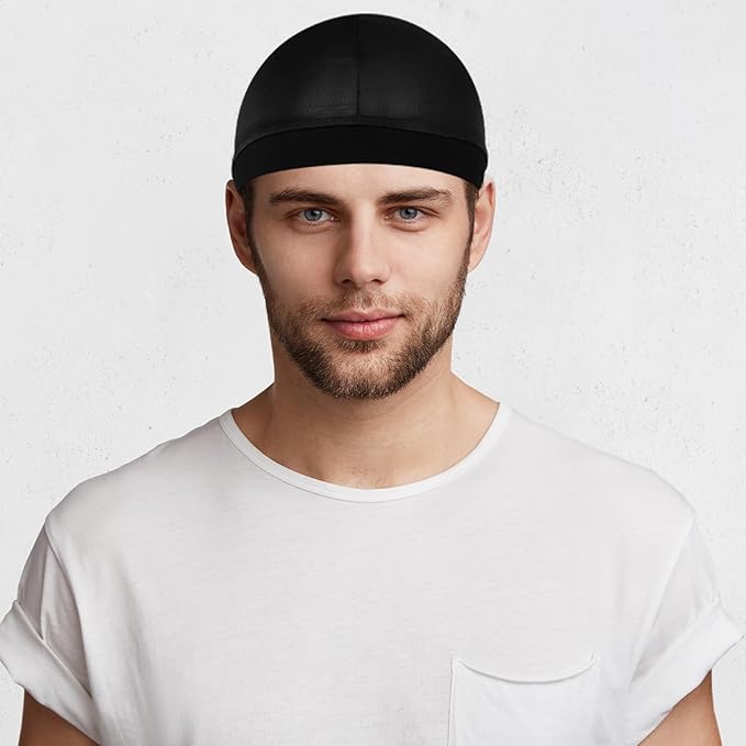 4 Pcs Silky Bonnet for Men Women, Satin Silk Hair Wrap for Sleeping, Silk Wave Caps for 360 540 720 Waves, Sleep Bonnet Compression Sleeping Shower Cap Bath Accessories (Black)