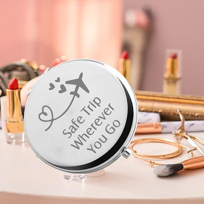 CHOORO Safe Travels Pocket Mirror Safe Trip Wherever You Go Airplane Wanderlust Gift for Traveler/Flight Attendant (Safe Trip-M)