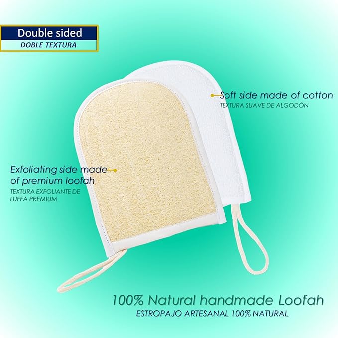 Premium Eco-Friendly Loofah Bath Shower Sponge Glove for Daily Cleansing, Exfoliating & Massage | 100% Natural Handmade Luffa Body Scrubber | Double-Sided Mitt for varied Exfoliation | 3 Count