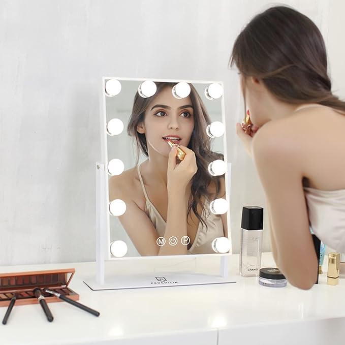 FENCHILIN Lighted Makeup Mirror Hollywood Mirror Vanity Makeup Mirror with Light Smart Touch Control 3Colors Dimmable Light Detachable 10X Magnification 360Β°Rotation(White)