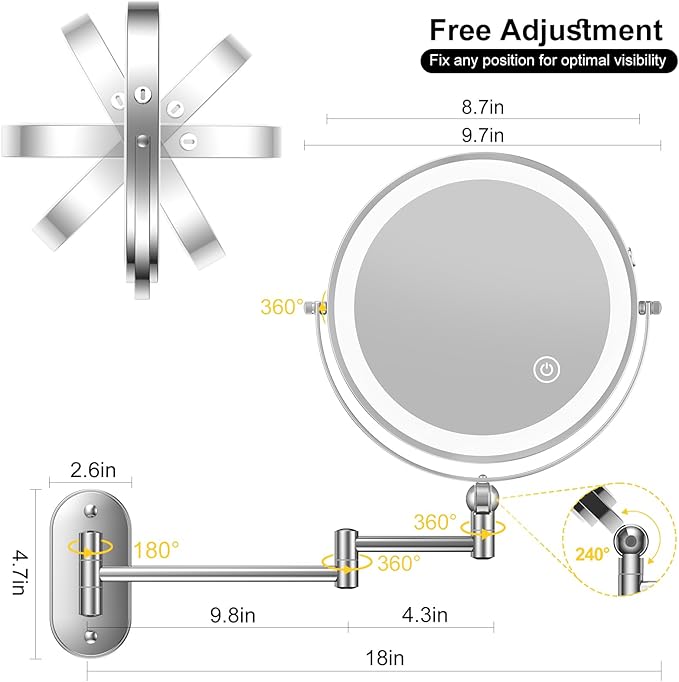 9" Wall Mounted Lighted Makeup Mirror,4000mAh Rechargeable Double Sided 1X/10X Magnifying Mirror with Light,3 Color Lights,Touch Dimmable,Extended Arm 360 Rotation Wall Mounted Makeup Mirror