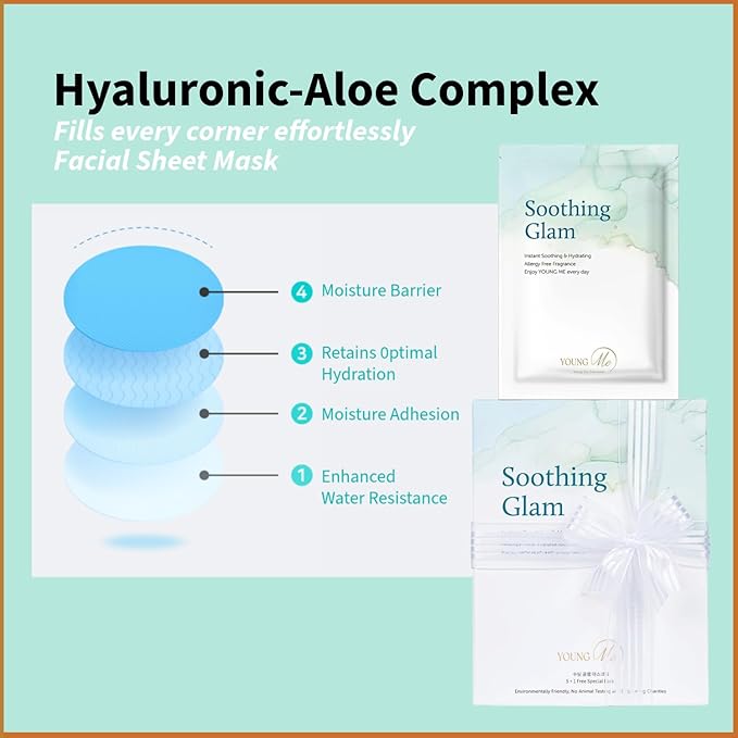 YoungMe Soothing Glam Facial Sheet Mask β 6-Pack | Hydrating & Moisturizing Korean Skin Care for Sensitive & All Skin Types