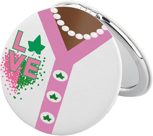 BEKECH Pink and Green Leaf Compact Mirror Sorority Inspired Gift Pink and Green Sisterhood Makeup Mirror for Women