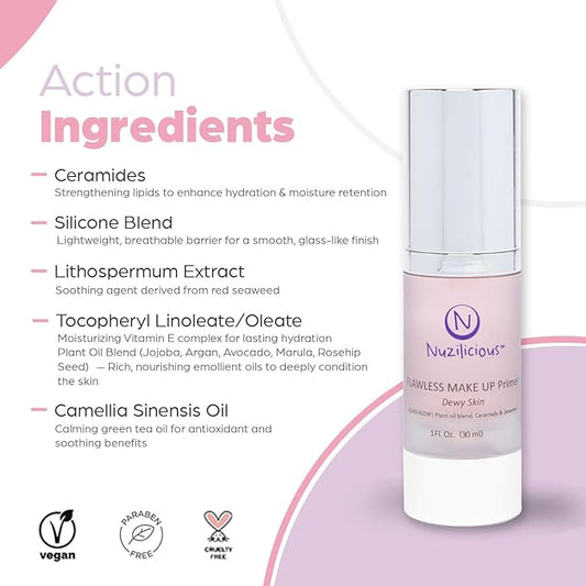 Professional Grade Flawless Makeup Primer β Achieve Dewy Skin & Effortlessly Blend Makeup with Luxurious Plant Oil Blend, Ceramide & Seaweed Extracts, Vegan & Cruelty-Free, 1 oz