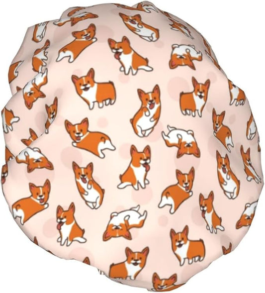 Funny Corgis Dog Shower Cap for Women Double Layer Waterproof Bath Hair Cap Reusable Shower Caps Adjustable Elastic Band Bath Cap Fits All Hair Lengths for Spa Salon Bathing Shower Hat