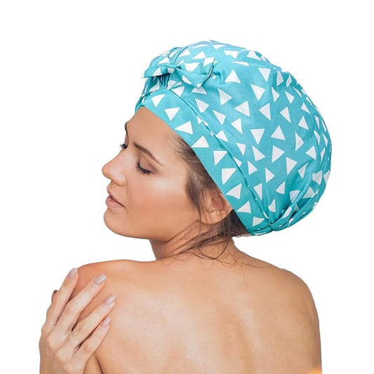 Auban Extra Large Shower Cap, Bowknot Double Layer Reusable Bath Hair Caps With Silky Satin for Women Beauty Bathing, Hair Spa, Home Hotel Travel Use (Blue Triangle)