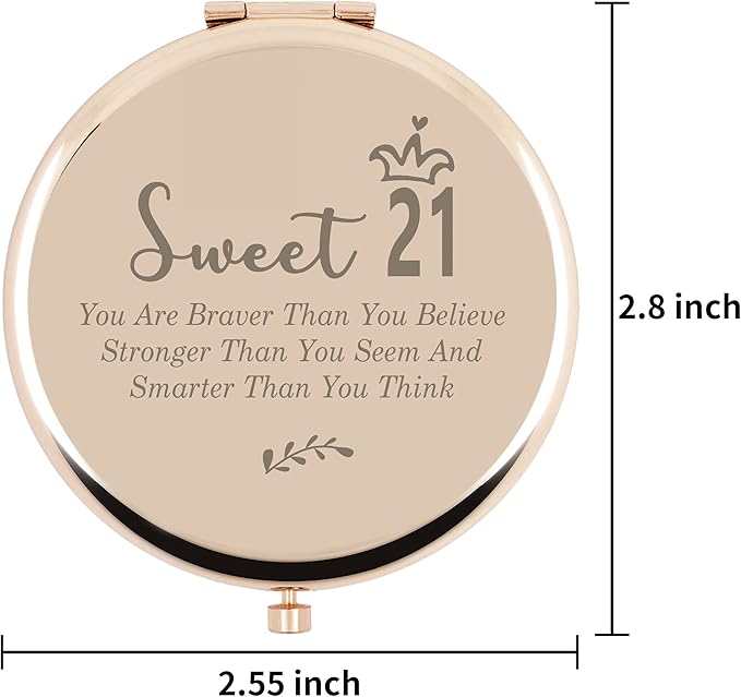21th Birthday Gifts for Girls, Sweet 21th Birthday for Niece Bestie Sister Daughter BFF, Rose Gold Compact Mirror Inspirational Gifts