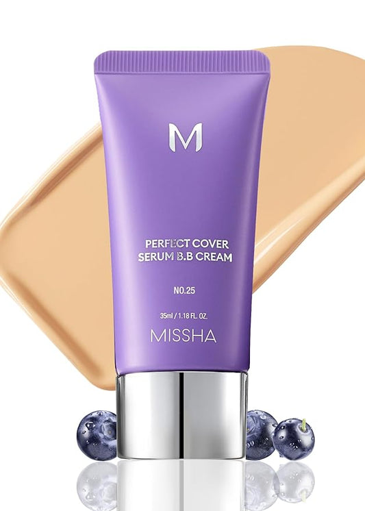 MISSHA M PERFECT COVER SERUM BB CREAM No.25 Warm Beige - Medium with Warm Undertone, Skin Tint, Tinted Moisturizer, Skin Care Foundation Makeup, Superfood Complex, Glass Skin, Korean Makeup,1.18 Fl oz