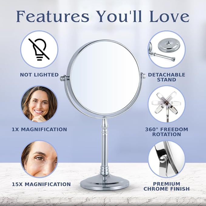 MIRRORVANA 15X Magnifying Makeup Mirror with Stand - Double-Sided 15X/1X Design - Suitable for Vanity Desk, Dressing Table, or Bathroom Countertop for Precise Make Up - 12" High x 6" Wide (Chrome)