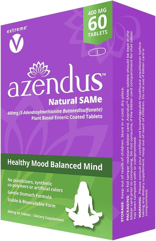 Azendus Mood 400mg 2-Boxes of S-Adendosylmethionine Butanedisulfonate (SAM-e) 120 Enteric Coated Tablets - Vegan, Gluten Free, Soy Free