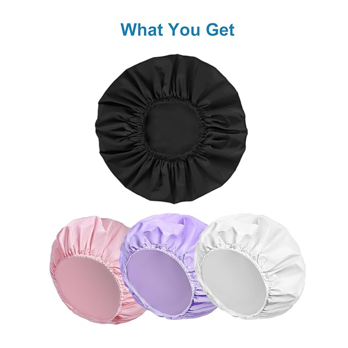 Shower Cap for Women Set of 4, 1 Double-Layer Waterproof Bath Cap + 3 Single-Layer Waterproof Shower Caps β Reusable Hair Protector, TPU Coated Elastic Bathing Cap for Women & Men - Black