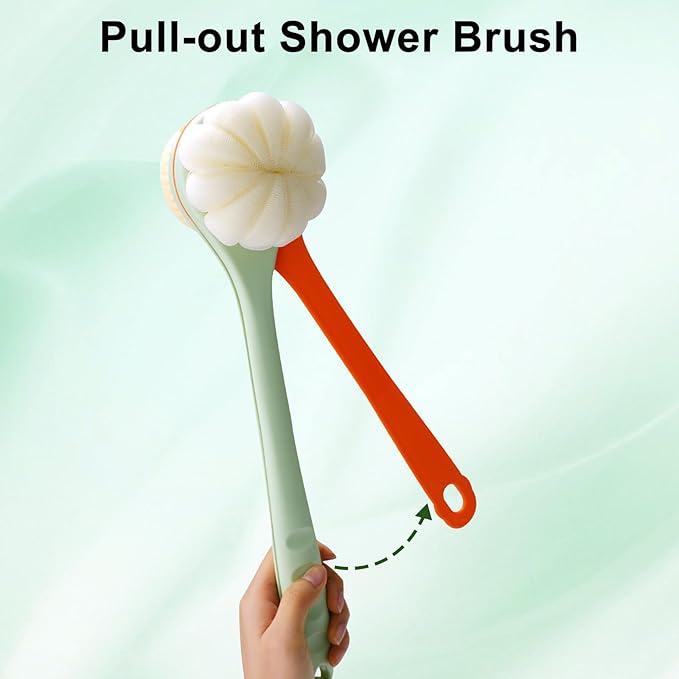 Hotodeal Shower Brush with Bristles and Bath Mesh Sponge,Handheld Cleansing Shower Body Brush,Back Scrubber with Long Handle for Skin Exfoliating Bath,Light Green Orange