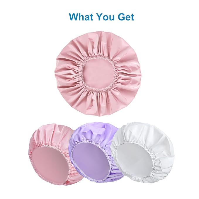 Shower Cap for Women Set of 4, 1 Double-Layer Waterproof Bath Cap + 3 Single-Layer Waterproof Shower Caps β Reusable Hair Protector, TPU Coated Elastic Bathing Cap for Women & Men - Pink