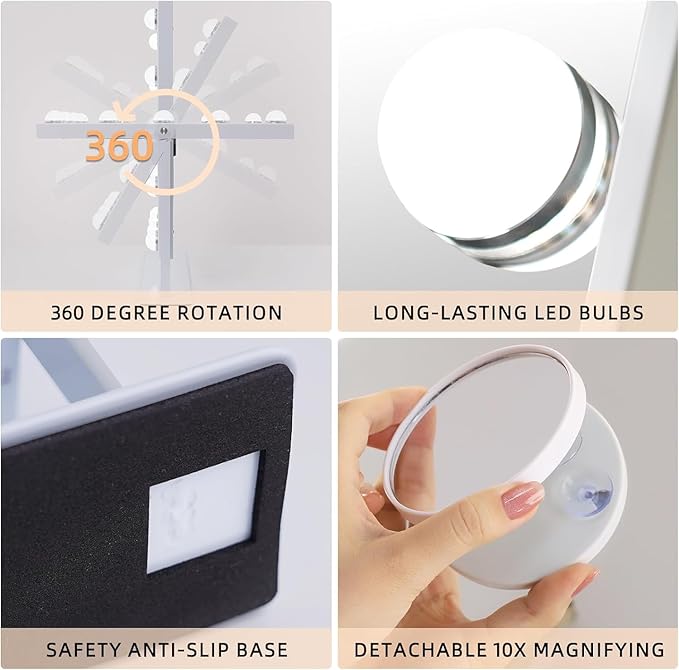 FENCHILIN Lighted Makeup Mirror Hollywood Mirror Vanity Makeup Mirror with Light Smart Touch Control 3Colors Dimmable Light Detachable 10X Magnification 360Β°Rotation(White)