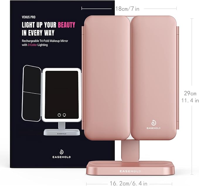 EASEHOLD Rechargable Makeup Mirror Vanity Mirror with Lights, 5000Mah & USB Cable, 112 LEDs Lighted Trifold Mirror with 1X 2X 3X 10X Magnification, Smart Touch, Portable Cosmetic Beauty Mirror
