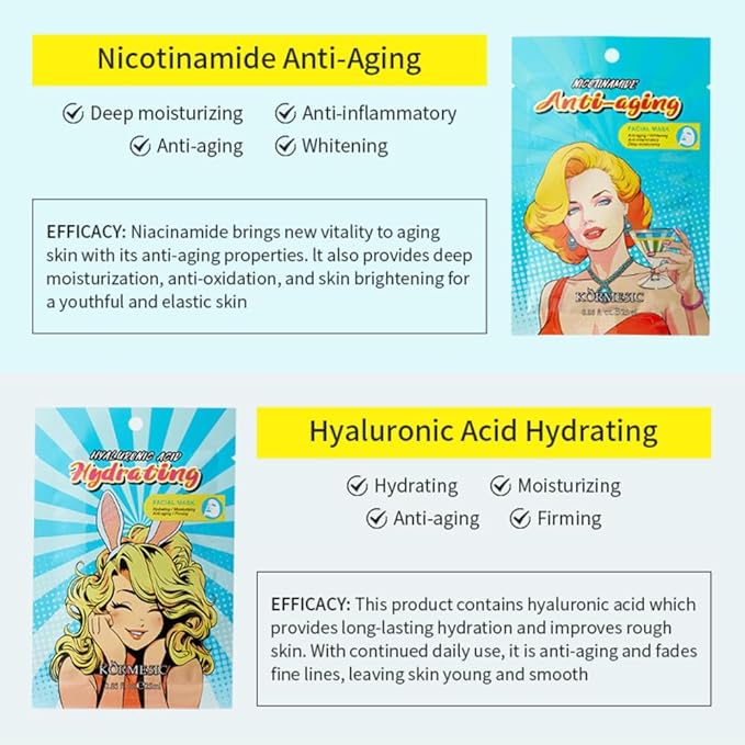 12 Combo Pack Face Mask (Collagen, Hyaluronic Acid, Niacinamide, Oligopeptide, Resveratrol, Ceramide) Hydrating & Moisturizing Facial Sheet Mask For Women Skincare