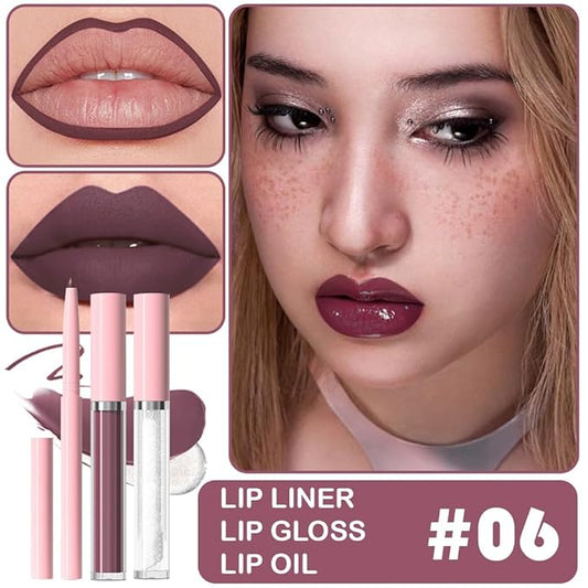 3-in-1Pink Nude Matte Lip Stain Kit | Waterproof Lip Liner + Hydrating Matte Lip Gloss + Nourishing Lip Oil | Long Lasting Plumping to Create Perfect Lip Makeup.06#