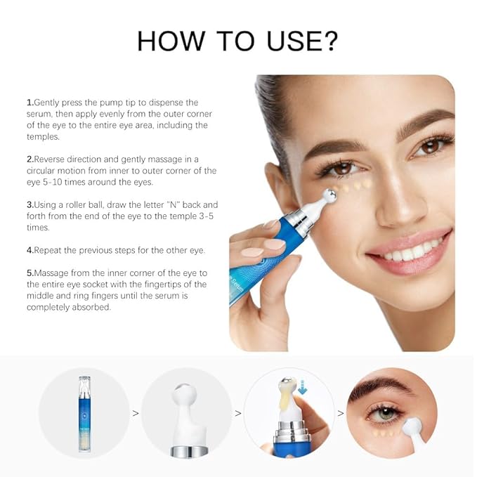 5% Caffeine Eye Serum, Anti-Aging Under Eye Roller Cream for Dark Circles Puffiness Wrinkles and Fine Lines, Korean Eye Care Cream with 360Β°Massage Ball, Eye Bags Treatment for Men and Women