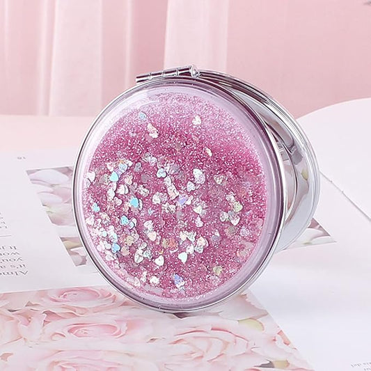 AKOAK 1 Pack Compact Mirror, Portable Quicksand Pocket Travel Makeup Mirror, Folding Hand-held Double Sided 1x/2x Magnifying Glass, Great Gift for Women and Girls (Pink)