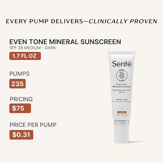 SentΓ© Even Tone Mineral Sunscreen Tinted | SPF 36 Medium-Dark | Hydrating, Lightweight Sun Protection Treatment for Redness & Discoloration | UVA/UVB & Blue Light Defense | 1.7 oz