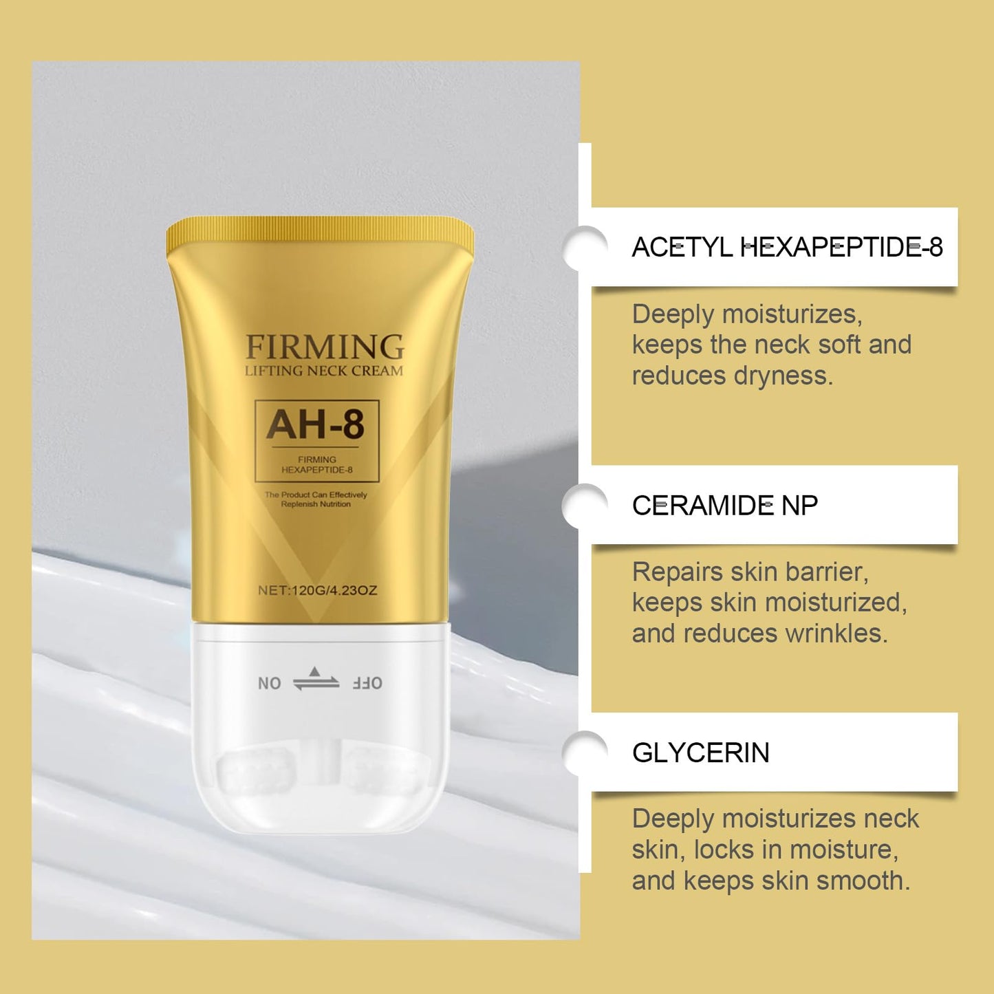 AH-8 Firming Neck Cream for Crepey Skin Body Care Comfort, 2025 New Upgrade Lifting Neck Firming Cream with Roller, Reduces Wrinkles Fine Lines, Moisturizing, Tightening Skin Care Skin Repair