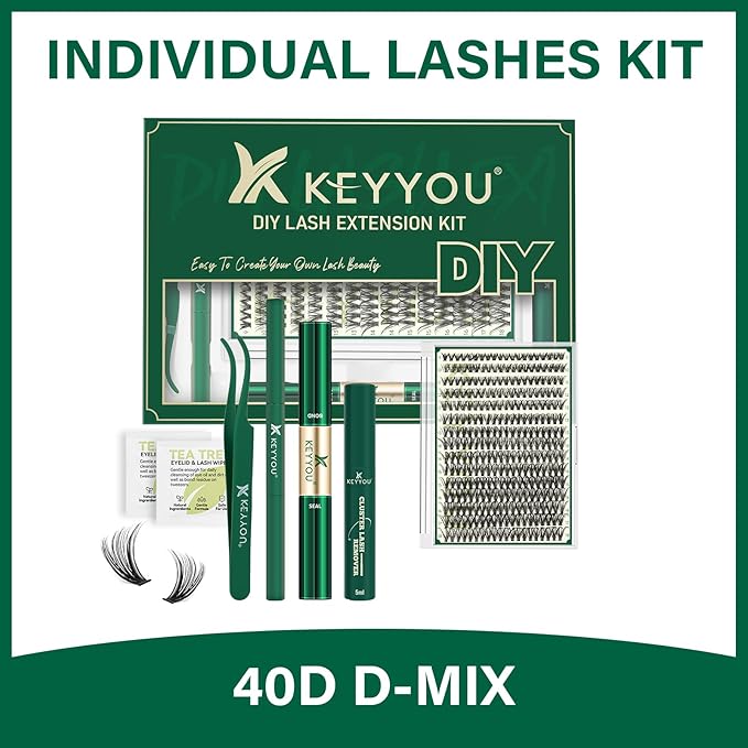 DIY Lash Extension Kit KEYYOU 300Pcs Individual Eyelash Extension Kit 40D 0.07D Curl 9-18MIX Lash Clusters Kit with Lash Glue Remover Applicator Easy to Use for Beginners(Kit-40D-0.07D,9-18MIX)