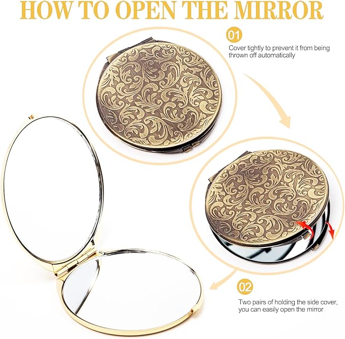 Retro metal compact travel mirror 1x/2x magnification compact portable foldable, used as a compact magnifying glass for wallets and pockets, distortion free folding portable compact mirror (bronze)