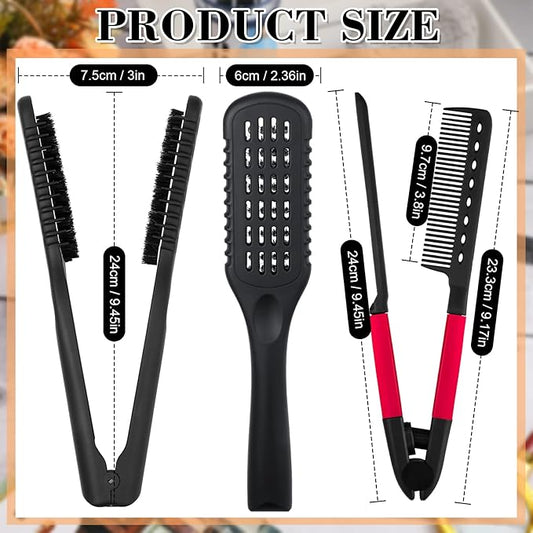 Chengu 2 Pcs Boar Bristles Clamp Double Sided Straightening Comb and Flat Iron Brush for Hair Styling and Straightening Knotty Unkempt Hair (Black, Rose Red)