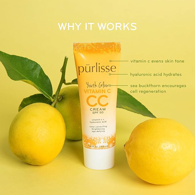 pΕ«rlisse Youth Glow Vitamin C CC Cream SPF 50: Cruelty-Free & Clean, Paraben & Sulfate-Free, Full Coverage, Hydrates with Hyaluronic Acid | Medium 1.4oz