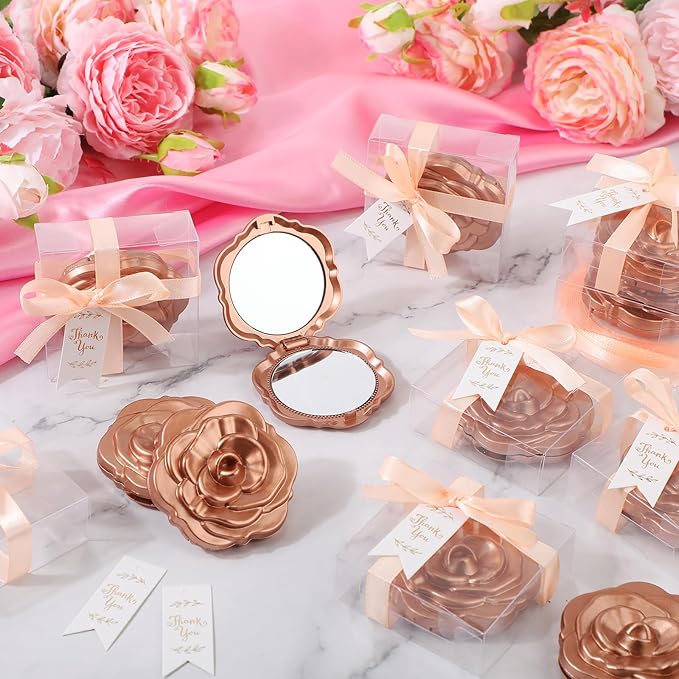 100 Set Rose Compact Mirrors Bulk Wedding Party Favors Including Rose Mirrors Thank You Tags Plastic Clear Boxes with Ribbons for Wedding Bridal Shower Party Guests Souvenir Gift