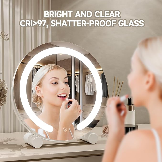 PRIMETEK Vanity Mirror with Lights, 13 inch LED Lighted Makeup Mirror, Round Makeup Mirror with Lights, Touch Screen, 3-Color Lighting, 5X Magnification, for Vanity Desk Tabletop, Bedroom, White
