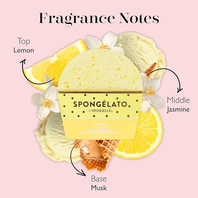 Spongelato Loofah Exfoliating Body Scrubber by Spongelle | Infused with Body Wash | Bath & Shower Loofah for Women | 14+ uses | Limone (Lemon) Gelato Inspired