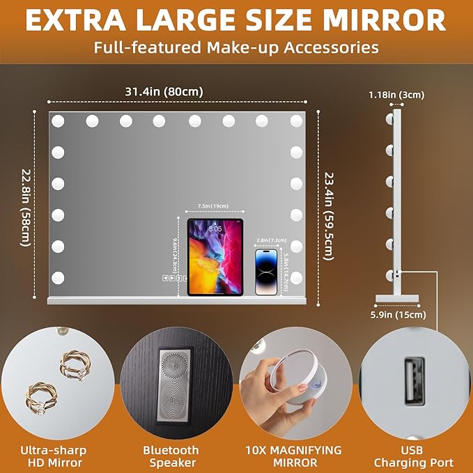 Misavanity Large Vanity Mirror with Lights 31.40’’ x 23.40’’ Tempered Galss Speaker Lighted Hollywood Mirror with 18 LED Dimmable Bulbs 3 Lighting Modes USB Charging Port and 10X Magnification, White
