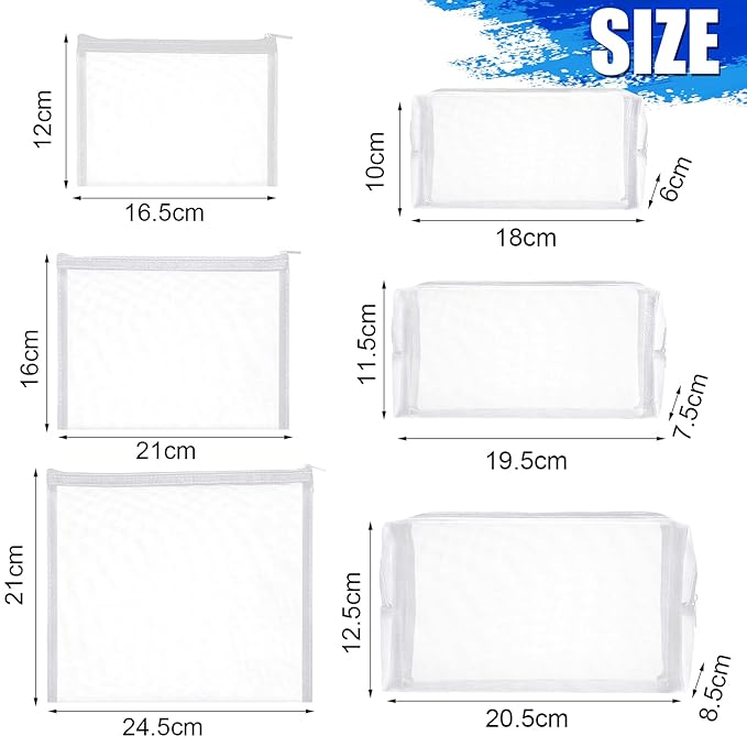 6 Pieces Mesh Makeup Bags Mesh Cosmetic Bag Portable Travel Organizing Zipper Pouch Toiletries Makeup Pouches for Home Office Travel Accessories (White)