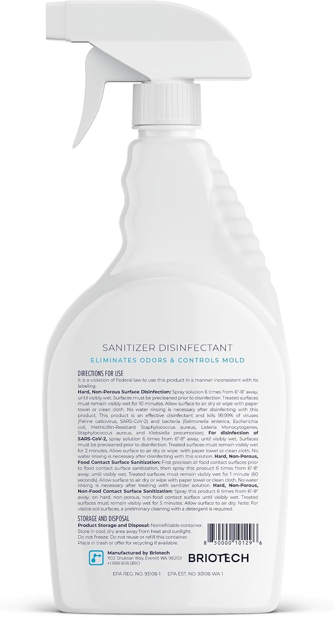 BRIOTECH Sanitizer Disinfectant Hypochlorous Spray, Kill 99.99% of Viruses & Bacteria, Control Mold, Eliminate Odor, Gentle for Nursery & Play Rooms, Food Contact Surface Sanitizer, 32 fl oz (12 Pack)