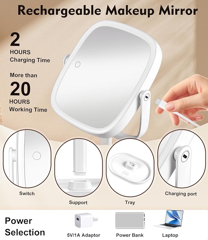 ALLROSE Professional 8" LED Lighted Makeup Mirror, 2600mAh Rechargeable 1x/7x Magnifying Vanity Mirror, 360° Rotation 2-Sided Light up Large Desk Mirror, Height Adjustable Lighted Makeup Mirror