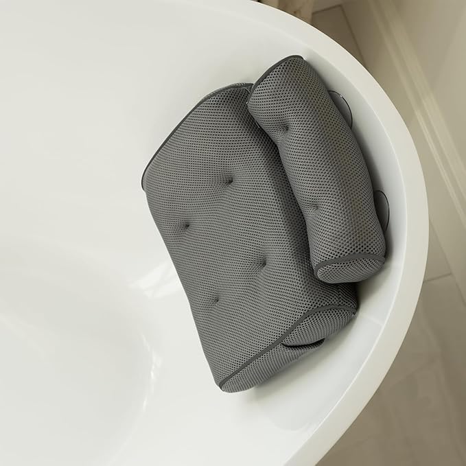 SunSerenity Luxury Bath Pillow for Tub - Relaxing Bath Tub Accessory β Bath Tub Pillow for Head and Back, Unscented Candle, Sponge Loofah, Laundry Bag, & Suction Tool β Grey on Grey