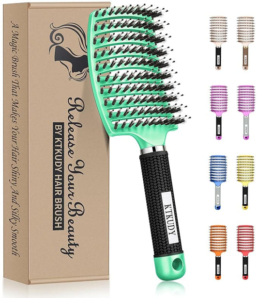 KTKUDY Detangling Brush Boar Bristles Hairbrush Make Hair Shiny & Healthier Curved and Vented Detangler Brush for Women Men Kids Wet & Dry Hair (Light green)