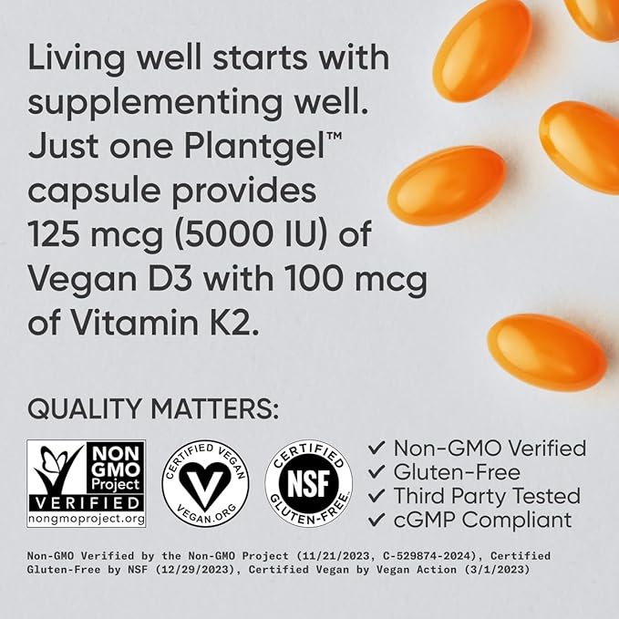 Sports Researchยฎ Vitamin D3 + K2 with Coconut MCT Oil | Vegan D3 5000 IU with K2 100 mcg for Bone & Immune Health | Vegan Certified, Soy & Gluten Free - 120 Softgels