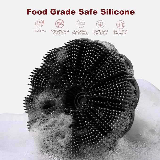 Silicone Body Scrubber Shower Brush, Exfoliating Body Wash Scrubbers for All Skin Types, Ergonomic No-Slip Handle, Body Brush for Showering (Black)