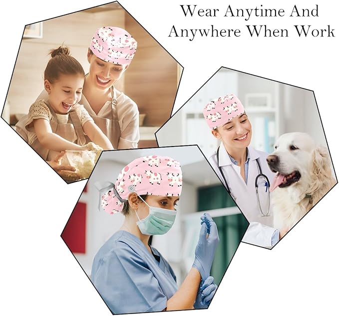 2 PCS Bouffant Cap with Button Ponytail Pouch Working Cap Sweatband Adjustable Surgical Cap Black and White Cow