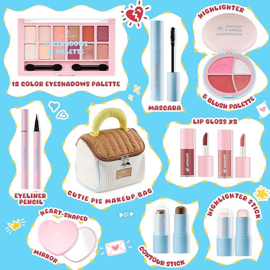 Color Nymph Makeup Sets For Teens Girls with Cutie Pie Handbag, All In One Girls Makeup Kits for Girl Women Full Kit Included Eyeshadow Blush Contour Highlighter Lipgloss Mascara Eyeliner and Mirror