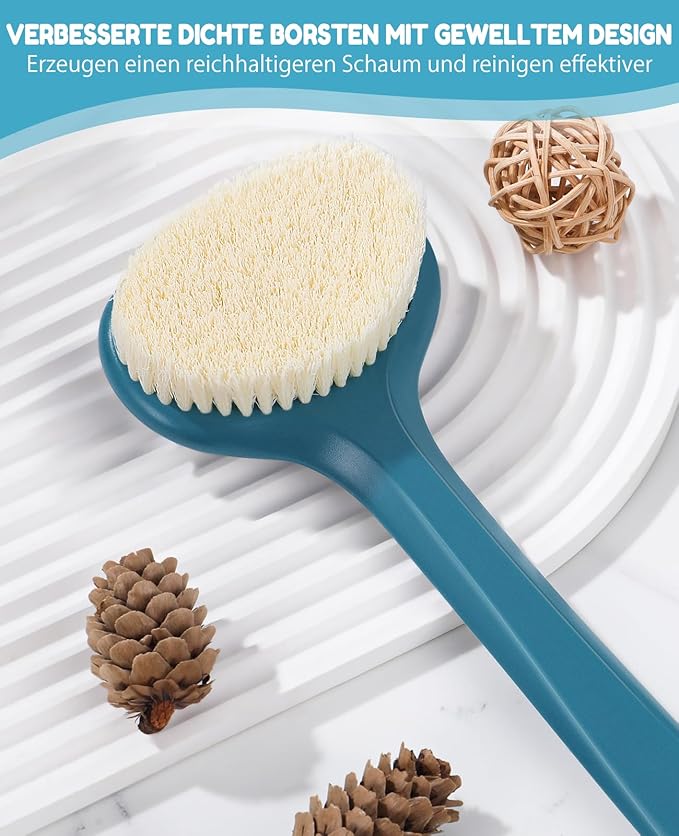 Shower Back Brush, Long Handle with Non-Slip Plastic, Moderate Bristles, Navy Blue