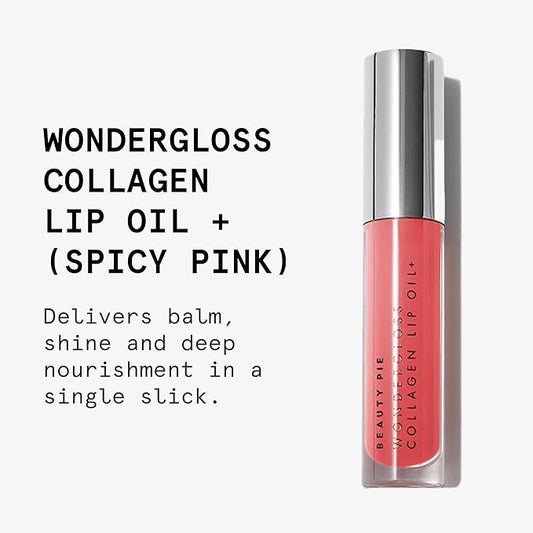 Beauty Pie Wondergloss Collagen Lip Oil + (Spicy Pink) β Hydrating, Plumping, Non-Sticky Gloss with Collagen AC Micro-Vectors & Cherry Oils