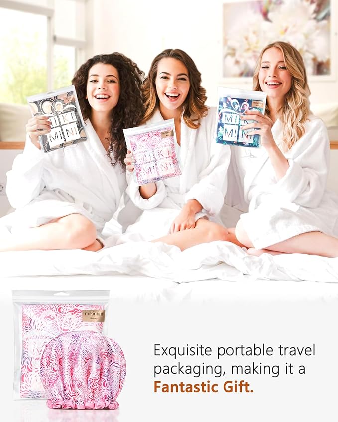 mikimini Medium Shower Cap for Women,Romantic Petal Design, Double Layer Waterproof, Reusable, Washable, High-quality, Floral Print